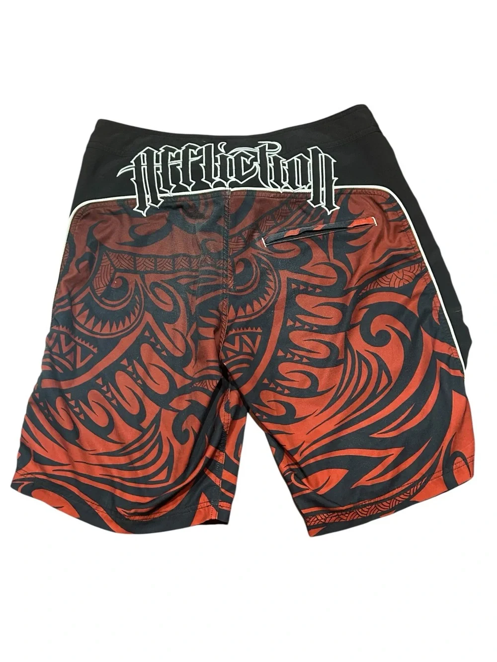 Vtg Y2K Affliction Sunny Tribe MMA Board Shorts Red Black Graphic Mens Size 33
